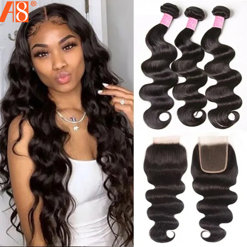 11 A Bundles Grade Brazilian Body Wave Remy 100% Human Hair 3/4 Bundles With Closure For Women Hair Double Weft Weave Extension